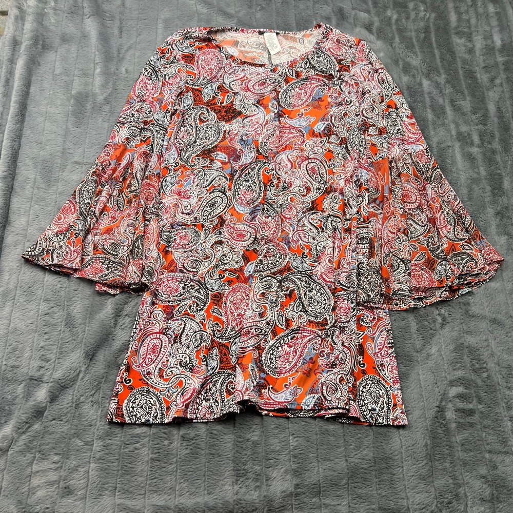 MSK Womens XL Paisley Bell Sleeve Tunic Top Orange Red Black Blouse 326465